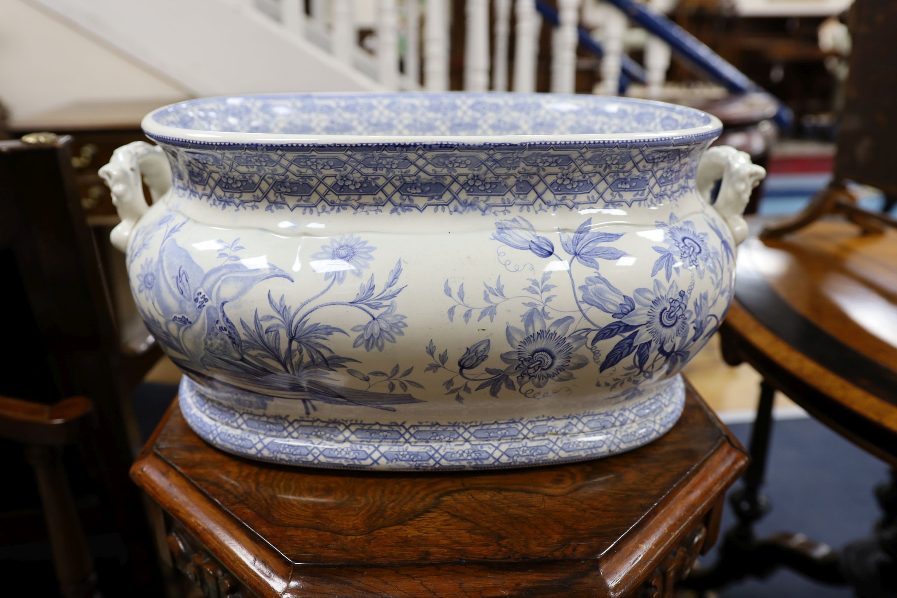 A Victorian Minton blue and white foot bath, 47cm